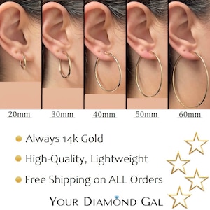 Size Chart of 14k yellow gold round hoops. Chart shows the difference between gold hoops measuring 20mm, 30mm, 40mm, 50mm, and 60mm in height.