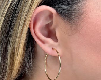 May include: Gold hoop earrings. The earrings are simple and classic, with a smooth finish.