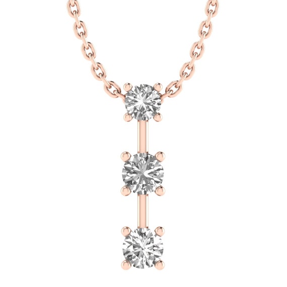 14k Solid Gold 3 Stone Diamond Necklace - 1 CARAT Tw Diamond