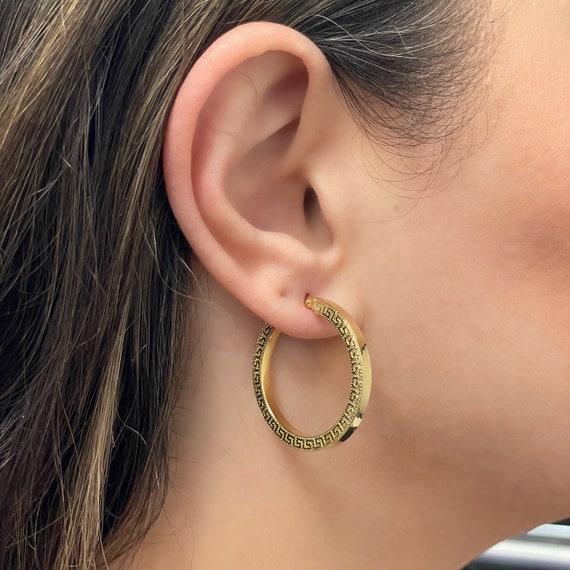 Meandros Greek Key Hoops, 14k Gold Hoop Earrings, Yellow Gold Earrings, Shiny Hoops With Luxurious Trim, Square Tube Hoops