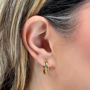 14k Yellow Gold Hoops - Italian Gold Earrings - Faceted Hollow Hoop Earrings - Round Shiny Hoops - Small Lightweight Hoops - Various Sizes