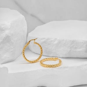 14k Gold Hoop Earrings - Italian Yellow Gold Earrings - Flat Rope Earrings - Twisted Hoops - Braided Rope Hoops - Shiny Textured Earrings
