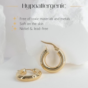 May include: A pair of gold-toned hoop earrings with a polished finish. The text reads: Hypoallergenic, Free of toxic materials and metals, Soft on the skin, Nickel & lead-free. The earrings feature a hinged post closure mechanism for secure wear.