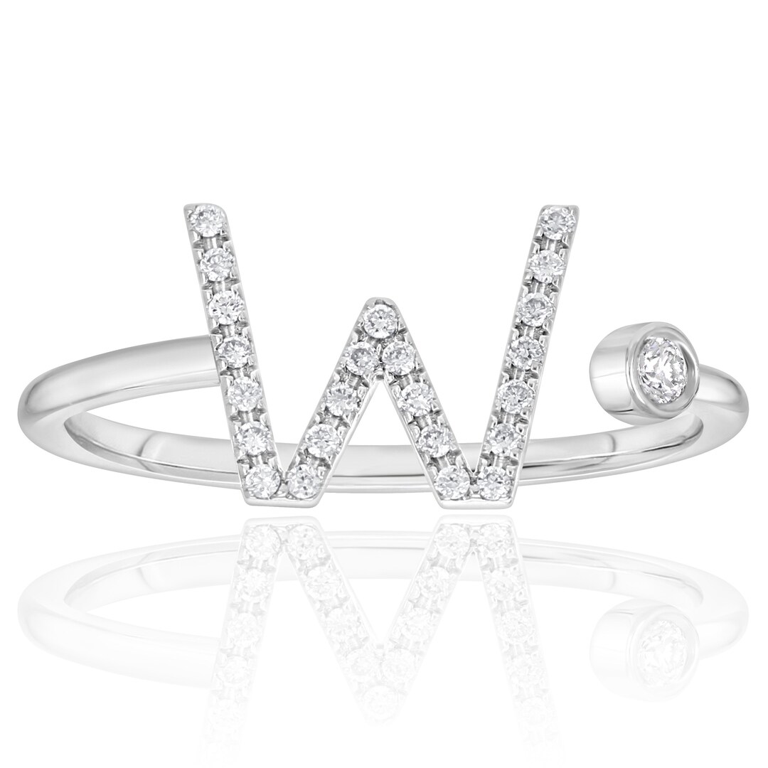 Initial Letter W Ring, Solid Gold Open Cuff Diamond Ring, Dainty ...