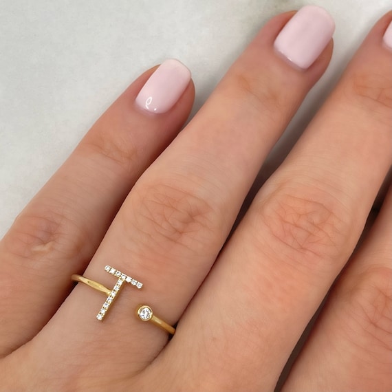 Open Cuff Initial Letter T Diamond Ring 14k Gold Dainty Initial
