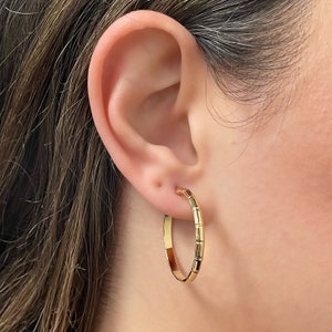 14k Gold Hoop Earrings - Italian Yellow Gold Earrings - Fancy Bamboo Gold Hoops - Textured Lightweight Hoops - Shiny Hoops - Medium Hoops