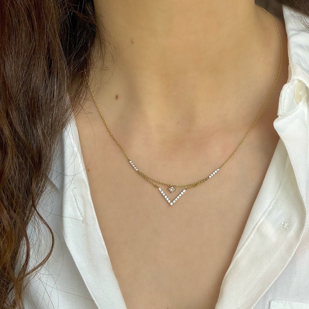 14k Solid Gold Double Layer V Necklace - Gold Solitaire and 14k Solid Gold Double Layer V Necklace - Gold Solitaire and