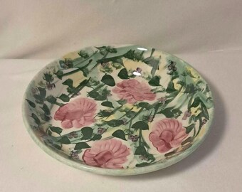 Large Bowl Hand-painted Flower and Leaf Design Green and Pink Pasta Bowl