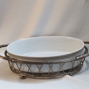 White Casserole dish with Silver Carrying Basket