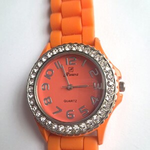 Ladies stylish Orange & Gold Toned Wristwatch with jewels, adjustable buckle Ladies Orange Watches - Etsy main image 4