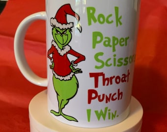 Grinch  Rock Paper Scissors Throat punch I win coffee mug