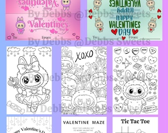 Valentinstag, Labubu Inspirierte Färbung, Aufkleber Blätter, Gastgeschenke, Vorlage