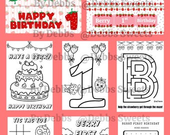 Beere 1st Birthday, Malseiten 1 Geburtstag, Vorlage, Ausmalbilder, Aufkleber, Partygeschenke