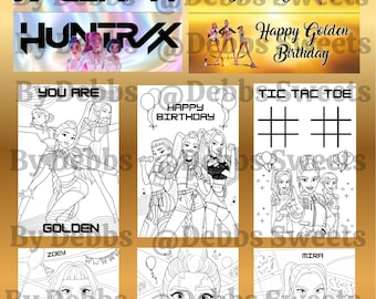 Kpop, Huntryx, Goldene Malseiten zum Ausdrucken, Aufkleber, Partygeschenke, Geburtstag, Vorlagen