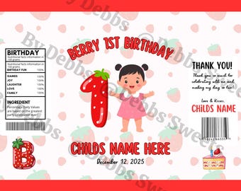 Beere 1st Geburtstag Chip Beutel Vorlage, Erdbeere Gastgeschenk (bearbeitbar druckbar)