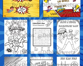 Valentinstag, Superheld, Färbung, Aufkleberbogen, Gastgeschenke, Vorlage