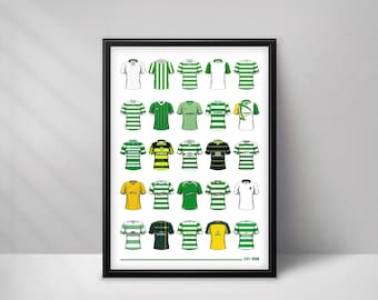 May include: A framed poster displaying a grid of twenty-five illustrated football shirts in various green, white, yellow, and black colour combinations. The shirts feature diverse striped, solid, and patterned designs. The text EST. 1888 is at the bottom.
