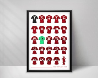 May include: A framed poster displaying a grid of soccer jerseys in red and one in black, each featuring a player number and name. A bright green jersey is included in the center. The text 2019/20 PREMIER LEAGUE WINNERS appears at the bottom.