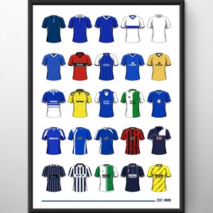 May include: A poster featuring a collection of 20 different football jerseys, showcasing the evolution of the team's kits from 1985 to present day. The jerseys feature various sponsors, including Beko, Fairview, and Huski Chocolate.