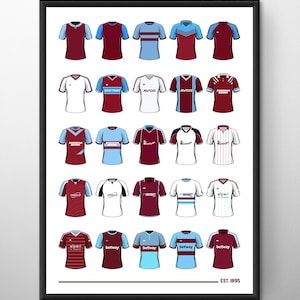 May include: A collection of West Ham United football shirts from different seasons, featuring various sponsors like Alpari, Betway, and SBOBET. The shirts are displayed in a grid pattern on a white background with the text "EST. 1895" at the bottom.