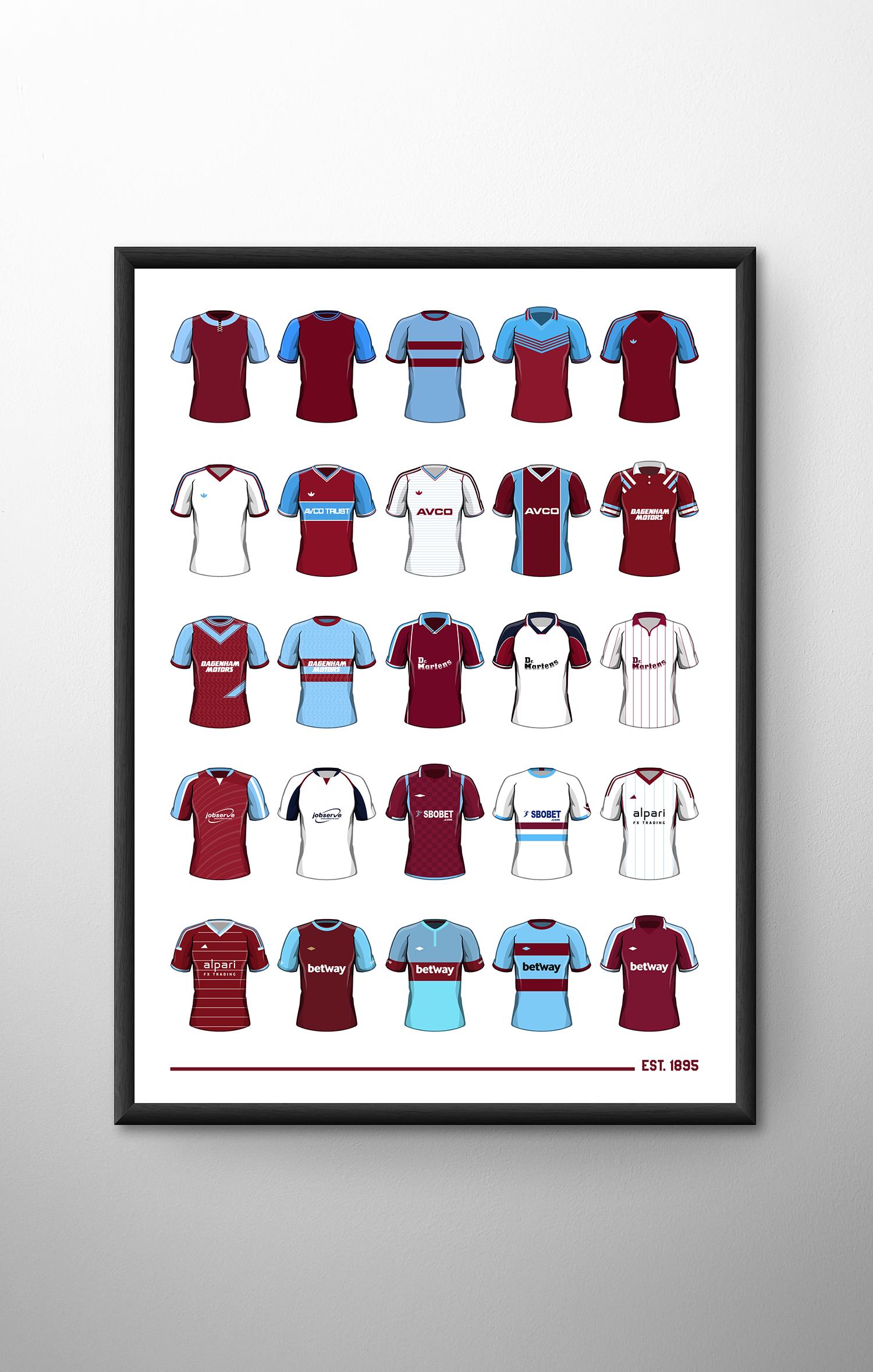 West Ham Classic Football Shirts Poster Print: A4 / A3 Framed Soccer Wall Art Gifts for Birthday, Christmas, Father’s Day, Mother’s Day West Ham Classic Football Shirts Poster Print: A4 / A3 Framed Soccer Wall Art Gifts for Birthday, Christmas, Father’s Day, Mother’s Day