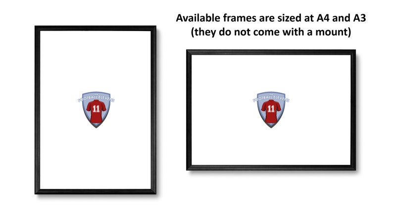 May include: Two black picture frames, one A4 and one A3 size, with a red and white football jersey design inside. The text "The Football Eleven" is above the jersey. The frames do not come with a mount.