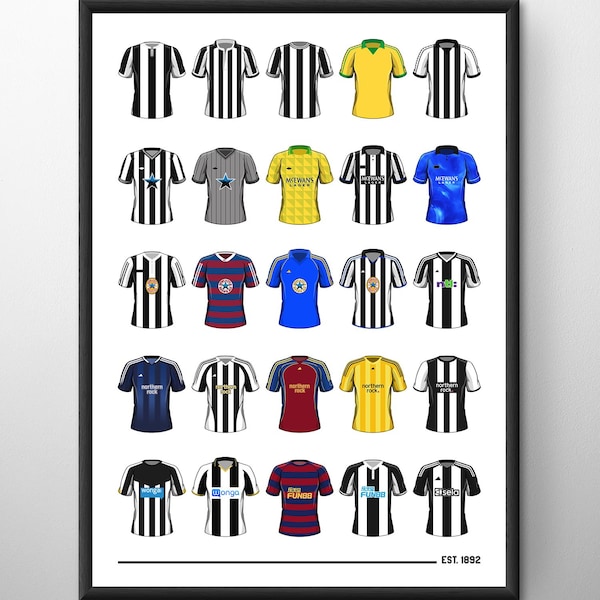 Newcastle Classic Football Shirts Poster Print: A4 / A3 Framed Soccer Wall Art Gifts for Birthday, Christmas, Father's Day, Mother's Day
