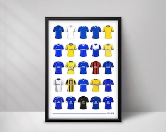 May include: A framed poster displaying a grid of twenty-five illustrated soccer jerseys in various colors including blue, yellow, white, and black. The jerseys feature different patterns, stripes, and the text NEC or Chang. The bottom right corner reads EST. 1878.