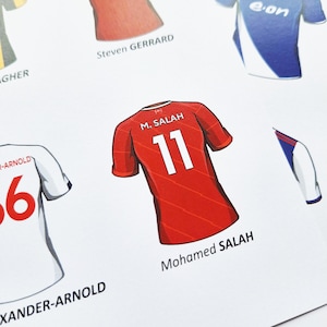 May include: A red football shirt with the number 11 on the back. The name "M. SALAH" is above the number and "Mohamed SALAH" is below the number.