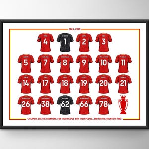 May include: A white background with a red and black Liverpool Football Club team roster for the 2024-2025 season. The roster includes player names and jersey numbers. The text "Liverpool are the champions, for their people, with their people, and for the twentieth time" is at the bottom of the image.
