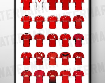 Man U Classic Home Football Shirts Poster Print: A4 / A3 Framed Soccer Wall Art Gifts for Birthday, Christmas, Father's Day, Mother's Day