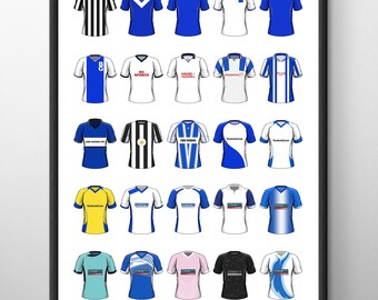 Póster de camisetas clásicas de fútbol de Barrow: arte mural de fútbol enmarcado A4/A3, ideal como regalo para cumpleaños, Navidad, Día del Padre y Día de la Madre.