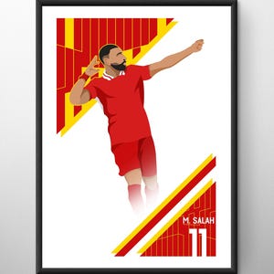 May include: A digital illustration of a soccer player in a red jersey with yellow accents, celebrating a goal. The player is in mid-air with his arm raised, and the background is a red and yellow geometric pattern. The text "M. SALAH 11" is visible in the lower right corner.