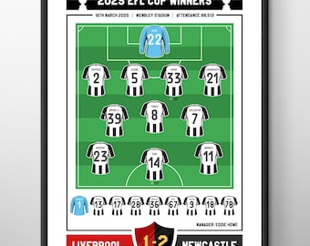 Newcastle 2025 EFL Cup Winners Football Match Poster Print: A4 / A3 Framed Soccer Wall Art Gifts for Birthday, Christmas, Father's Day