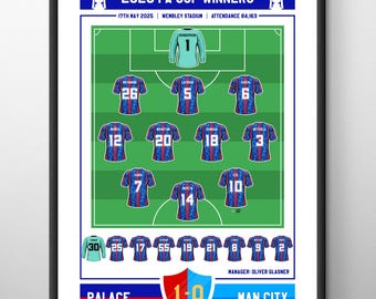 Palace 2025 FA Cup Winners Football Match Poster Print: A4 / A3 Framed Soccer Wall Art Gifts for Birthday, Christmas, Father's Day