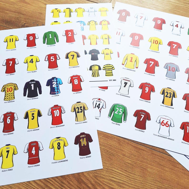 May include: A set of 10 printed sheets featuring different football shirts with player names and numbers. The shirts are in various colours, including red, yellow, and blue. The sheets are printed on white paper.