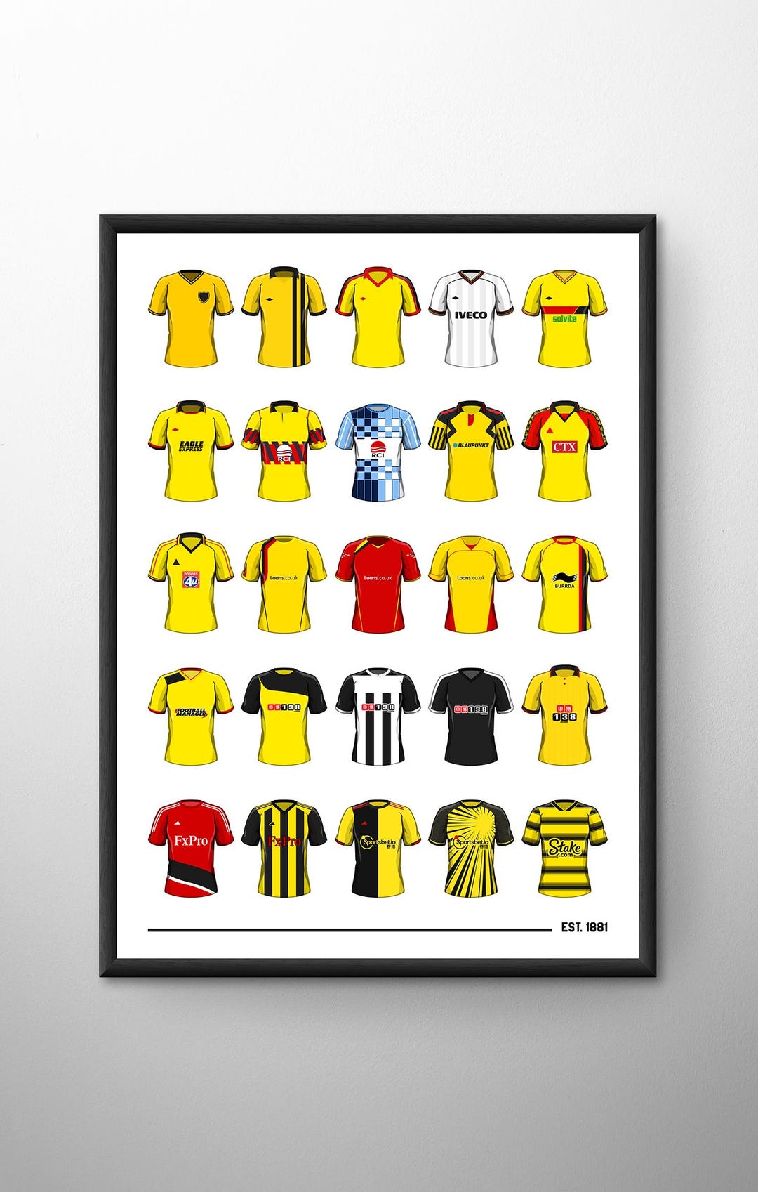 Watford Classic Football Shirts Poster Print: A4 A3 Framed