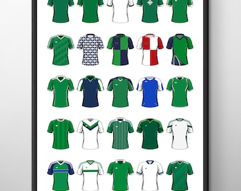 Póster con la camiseta clásica de fútbol de Irlanda del Norte: Impresión enmarcada en tamaño A4/A3, ideal como regalo de cumpleaños, Navidad y Día del Padre.