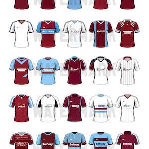 May include: A collection of 25 West Ham United football shirts, featuring various sponsors and designs from different eras. The shirts are displayed in rows, with a white background. The shirts are primarily maroon and blue, with some white and black accents. The text "EST. 1895" is displayed at the bottom of the image.