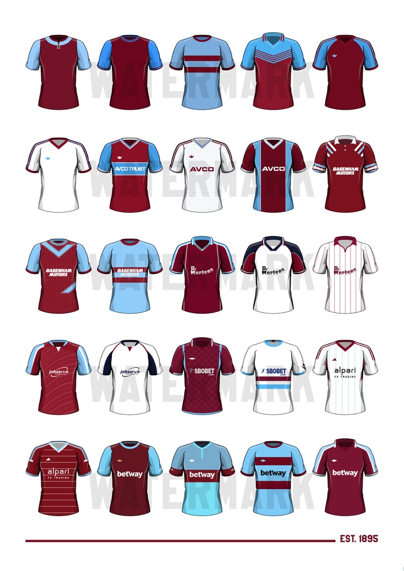 May include: A collection of 25 West Ham United football shirts, featuring various sponsors and designs from different eras. The shirts are displayed in rows, with a white background. The shirts are primarily maroon and blue, with some white and black accents. The text "EST. 1895" is displayed at the bottom of the image.