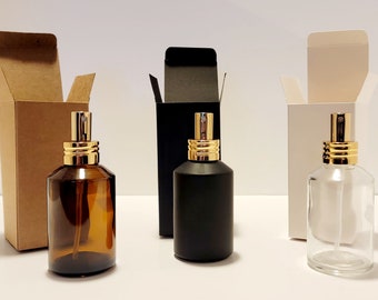 Set of 6 or 12 Luxe AMBER, CLEAR, or BLACK & Gold Glass Fine Mist Spray Bottles w/ Product Box. Bottle capacity-4 fl oz/120 mL