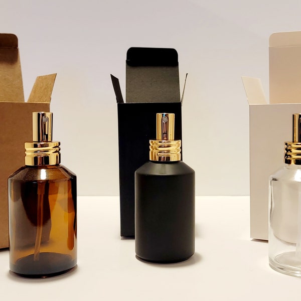 Set of 6 or 12 Luxe AMBER, CLEAR, or BLACK & Gold Glass Fine Mist Spray Bottles w/ Product Box. Bottle capacity-4 fl oz/120 mL