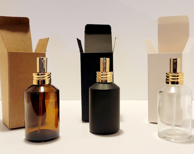 4 fl oz/120 mL. Set of 3, 6, or 12 Luxe AMBER, CLEAR, or BLACK Glass Bottles & Gold or Silver Fine Mist Sprayer w/Complimentary Product Box.