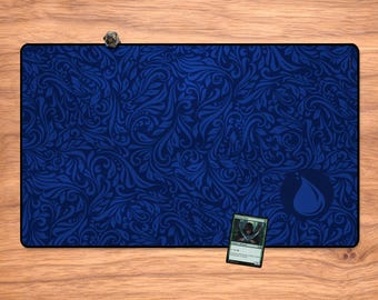 MTG Playmat - Elegant Blue 23.6" x 13.8" Magic The Gathering Card Mat, Stitched Edges