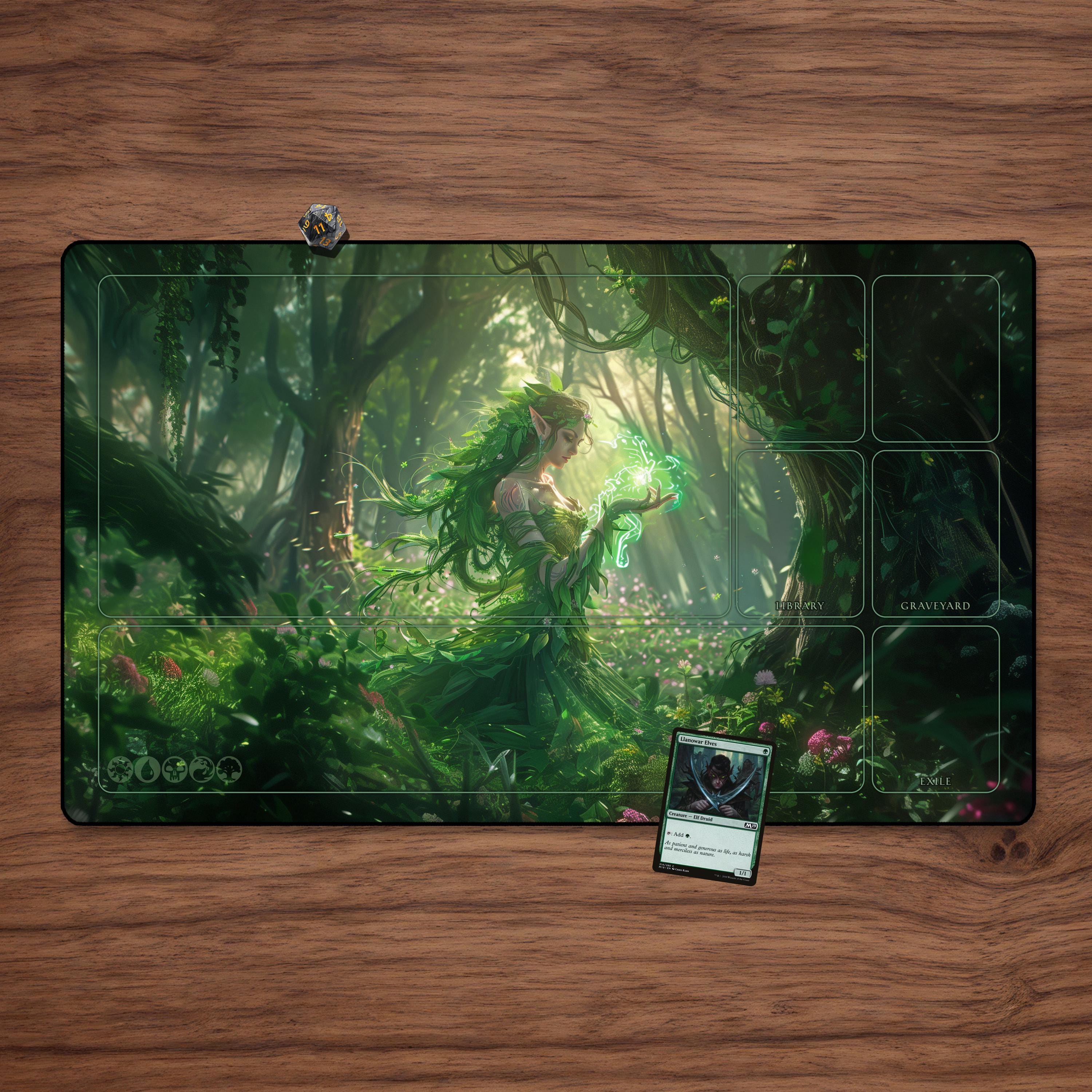 Forest Dryad Playmat with Zones 23.6" x 13.8" MTG and other TCGs Tabletop Accessory Green Mana