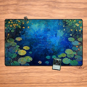 MTG Playmat - Serene Lily Pond 23.6&quot; x 13.8&quot; Magic The Gathering Playmat, Lorcana, Stitched Edges