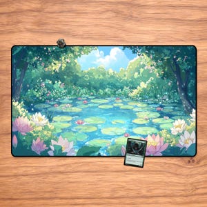 Anime Lofi Lily Pond MTG Playmat: Stitched Edge Card Game Mat