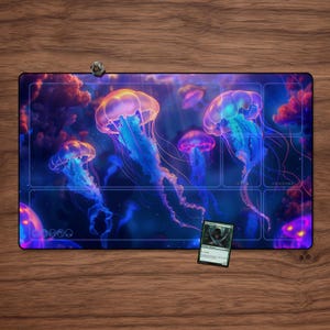 Neon Jellyfish Playmat: TCG MTG Card Game Mat (23.6&quot; x 13.8&quot;) with Zones
