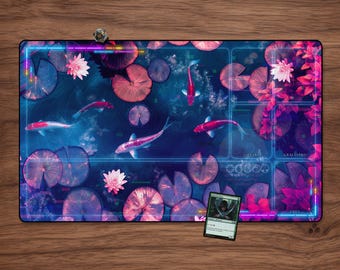 Magic Playmat - Kamigawa with Zones 23.6&quot; x 13.8&quot; MTG, TCG, Magic The Gathering Playmat Vaporwave Glitch Koi Pond