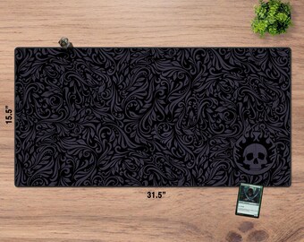 Oversize Playmat (No AI) : Elegant Black Tooled Leather Pattern, Stitched Edge Card Game Mat (31.5" × 15.5")